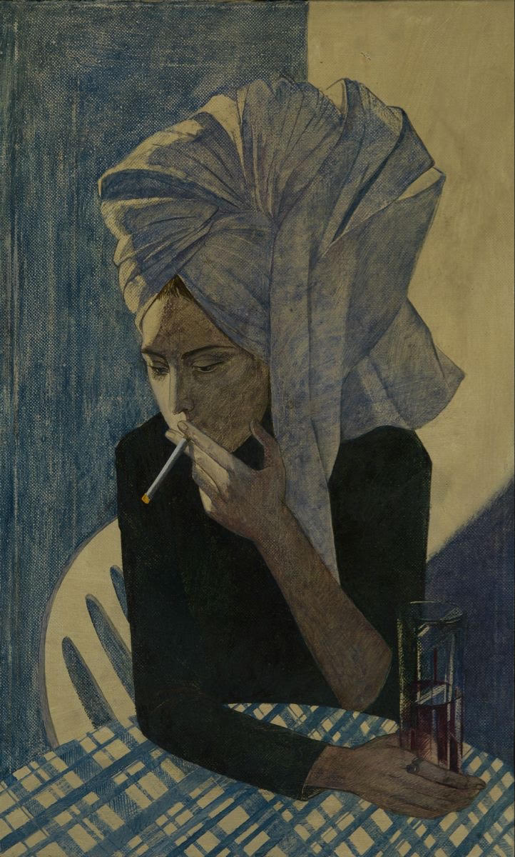 a painting of a female presenting person in a white head wrap smoking a cigarette